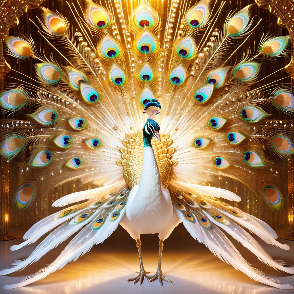 White peacock,Front upright,(Pure white body,White feathers,Gold pattern,Crystal sparkle),Peacock opens the screen,Looking at the audience,fantasy,Colorful tones,masterpiece,Dramatic ethereal beauty,Panoramic view:1.2,Three light sources,reflected light