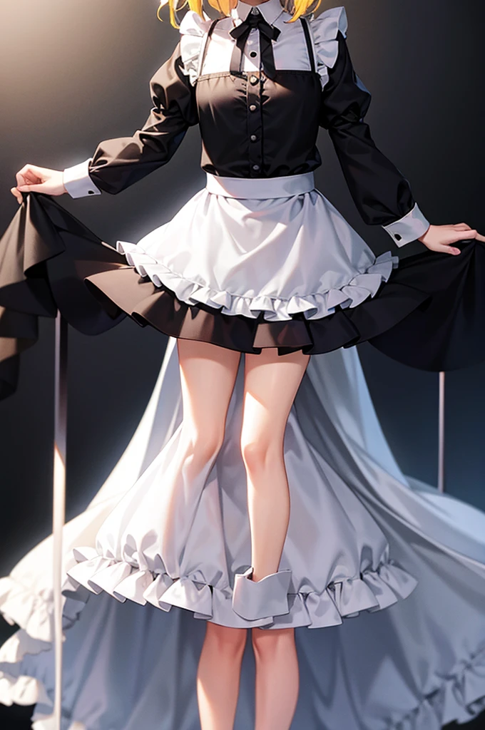 ((Maid)),Frills,Cute little ,Tiny ,Small girl,,Childish face, Very fine clean face,Top quality,Straight Hair,Yellow hair,(Dark Room), Subtle light, Natural light,Soft lighting,Light from directly behind,(Open your hands), (Are standing),Front view,Black background