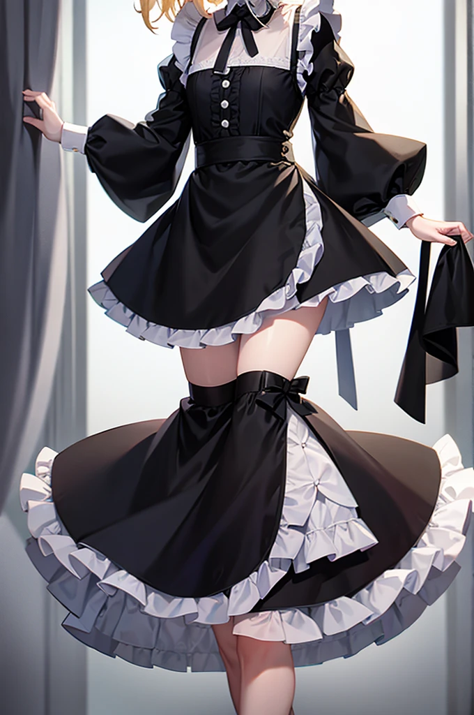 ((Maid)),Frills,Cute little ,Tiny ,Small girl,,Childish face, Very fine clean face,Top quality,Straight Hair,Yellow hair,(Dark Room), Subtle light, Natural light,Soft lighting,Light from directly behind,(Open your hands), (Are standing),Front view,Black background