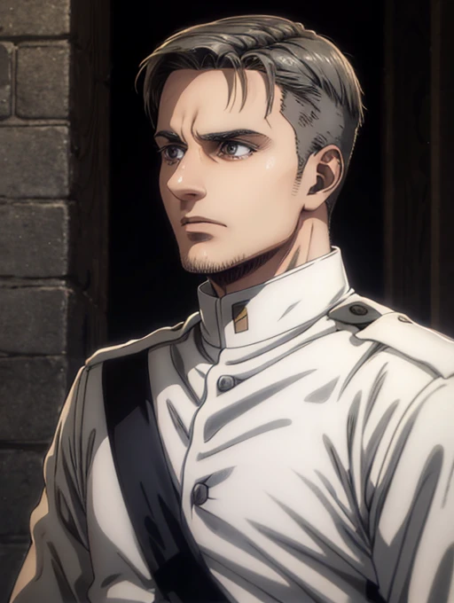 35 years old man, military hair, gray eyes, White military uniform, quartel general