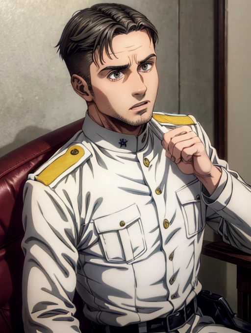 35 years old man, military hair, gray eyes, White military uniform, quartel general