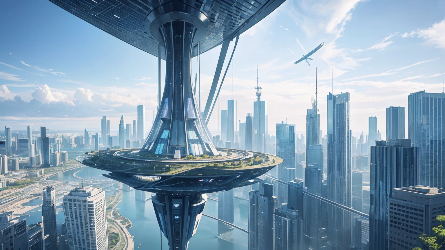(Best quality,4K,8K,A high resolution,Masterpiece:1.2),Ultra-detailed,(Realistic,Photorealistic,photo-realistic:1.37),Futuristic floating city,Futuristic technology,Huge urban high-tech tablet platform,Airship,Floating in the sky,Futuristic city,Small airships around,High-tech hemispherical platform,Colorful lights,Advanced architecture,modernn architecture,skyscrapper,Access the cloud,Scenic beauty,view over city,Impressive design,Blend seamlessly with nature,energetic and vibrant atmosphere,Futuristic transportation system,Parking is suspended,Transparent path,Lush greenery,Sky gardens,cascading waterfalls,Magnificent skyline,reflections on the water,Sparkling river,Architectural innovation,futuristic skyscrapers,Transparent dome,The shape of the building is unusual,Elevated walkway,Impressive skyline,Glowing lights,Futuristic technology,Minimalist design,Scenic spots,Panoramic view,Cloud Piercing Tower,Vibrant colors,epic sunrise,epic sunset,Dazzling light display,magical ambiance,The future city,Urban Utopia,LuxuryLifestyle,Innovative energy,sustainable development,Smart city technology,Advanced infrastructure,Tranquil atmosphere,Nature and technology live in harmony,Awesome cityscape,Unprecedented urban planning,Architecture connects seamlessly with nature,High-tech metropolis,A cutting-edge engineering marvel,The future of urban living,Visionary architectural concept,Energy-efficient buildings,Harmony with the environment,A city floating above the clouds,Utopian dreams become reality,The possibilities are endless,State-of-the-art transportation network,Green energy integration,Innovative materials,Impressive holographic display,Advanced communication system,Breathtaking aerial view,Quiet and peaceful environment,Modernist aesthetics,Ethereal beauty