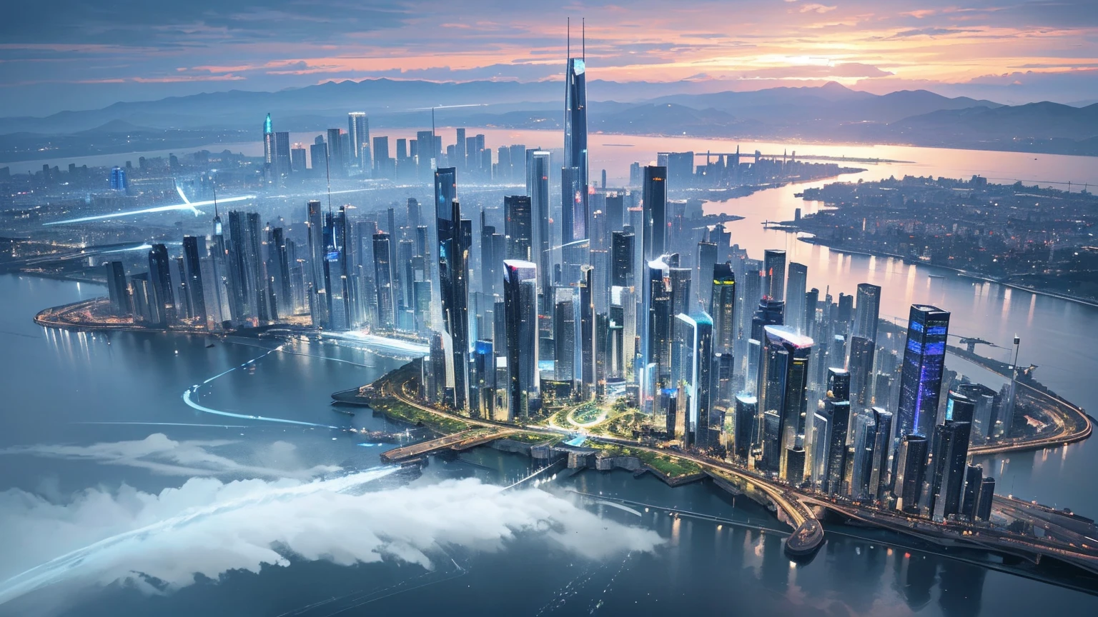 (Best quality,4K,8K,A high resolution,Masterpiece:1.2),Ultra-detailed,(Realistic,Photorealistic,photo-realistic:1.37),Futuristic floating city,Futuristic technology,Huge urban high-tech tablet platform,Airship,Floating in the sky,Futuristic city,Small airships around,High-tech hemispherical platform,Colorful lights,Advanced architecture,modernn architecture,skyscrapper,Access the cloud,Scenic beauty,view over city,Impressive design,Blend seamlessly with nature,energetic and vibrant atmosphere,Futuristic transportation system,Parking is suspended,Transparent path,Lush greenery,Sky gardens,cascading waterfalls,Magnificent skyline,reflections on the water,Sparkling river,Architectural innovation,futuristic skyscrapers,Transparent dome,The shape of the building is unusual,Elevated walkway,Impressive skyline,Glowing lights,Futuristic technology,Minimalist design,Scenic spots,Panoramic view,Cloud Piercing Tower,Vibrant colors,epic sunrise,epic sunset,Dazzling light display,magical ambiance,The future city,Urban Utopia,LuxuryLifestyle,Innovative energy,sustainable development,Smart city technology,Advanced infrastructure,Tranquil atmosphere,Nature and technology live in harmony,Awesome cityscape,Unprecedented urban planning,Architecture connects seamlessly with nature,High-tech metropolis,A cutting-edge engineering marvel,The future of urban living,Visionary architectural concept,Energy-efficient buildings,Harmony with the environment,A city floating above the clouds,Utopian dreams become reality,The possibilities are endless,State-of-the-art transportation network,Green energy integration,Innovative materials,Impressive holographic display,Advanced communication system,Breathtaking aerial view,Quiet and peaceful environment,Modernist aesthetics,Ethereal beauty