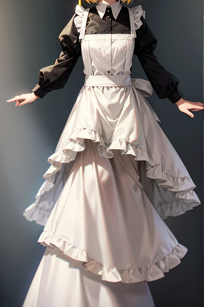 ((Maid)),Frills,Cute  ,Tiny ,Small ,Childish face, Very fine clean face,Top quality,Straight Hair,Yellow hair,(Dark Room), Subtle light, Natural light,Soft lighting,Light from directly behind,(Open your hands), (Are standing),Front view,Black background