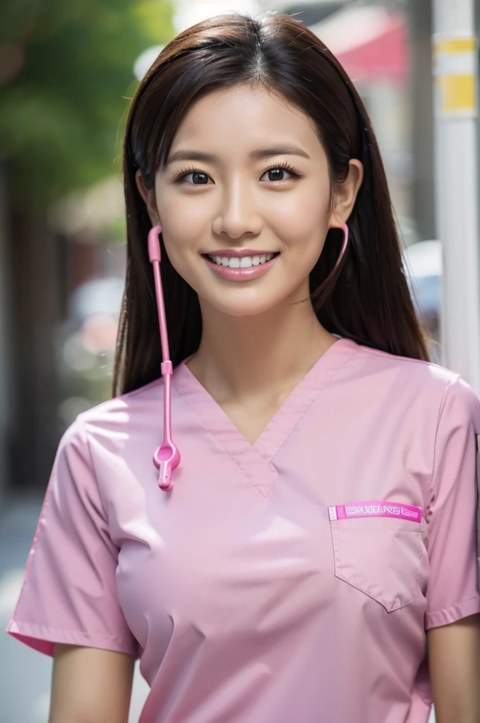 Dental hygienist wearing pink medical scrubs　Pink Short Sleeve 　high resolution　Highest quality 　Upper body close-up