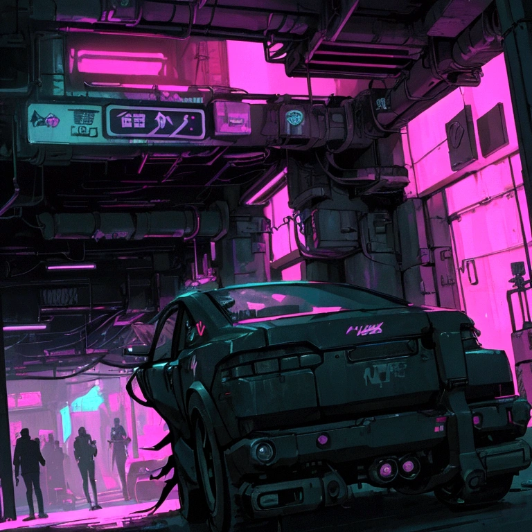 Car parked in garage with neon lights, Cyberpunk garage on Jupiter, Cyberpunk atmosphere, Cyberpunk atmosphere, Cyberpunk art style, Cyberpunk atmospheres, New futuristic Cyberpunkn, Cyberpunk setting, Cyberpunk with neon lighting, New futuristic Cyberpunk, Vibrant cyberpunk colours, Neon cyberpunk, Cyberpunk aesthetics, By mike "Whistle" Winkelman, Neon cyberpunk, dark Neon cyberpunk atmosphere
