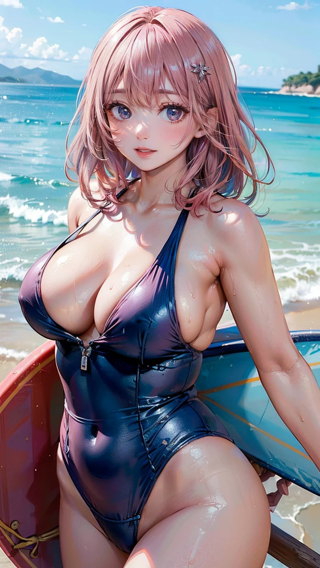 (Masterpiece, BestQuality:1.3), (ultra detailed:1.2), (hyperrealistic:1.3), (RAW photo:1.2), High detail RAW color photo, professional photograph, (Photorealistic:1.4), (realistic:1.4), (Pink Hair:1.5), professional lighting, perfect anatomy, (Big Breasts:1.2), (blush, detailed face), (A happy smile:1.7), sexly, erotic sexly, Random gravure poses, (A girl in a blue swimsuit and with a surfboard、She looks sexyle enjoying surfing。:1.3)