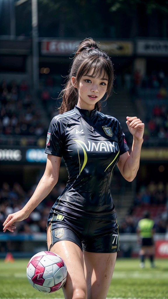 Highest quality, High resolution:1.2, Very detailed, Realistic:1.3, ((Beautiful woman))、((((Super tight uniform))))、((Super big breasts))、(The abdomen is visible)、Vibrant colors, ((play soccer)),((Blunt bangs))、Various Hair Styles、Different hair colors、With bangs、Wet Hair, concentrate, splash, Action Shots, Grass blotches, Muddy ground, Wet turf, decide, Fast-paced games, Athletic physique, Shiny soccer ball, Wet Uniform, raindrop, Blurred motion, ボールにconcentrateする, Intense competition, Skillful dribbling, Energetic play, Teamwork, powerful shoots, Wet pitch, Passionate sports, Fierce decide, Humid atmosphere, Fluid movement, emotional expression、Dramatic lighting, Women's Sports, Avid athletes, Exciting Games, Endure, Excited state, Speed and agility, Energetic play, 濡れたsplash、smile、Red Uniform