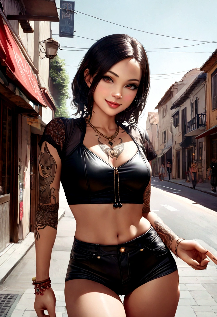 photorealistic, high resolution, Luz outfit,1woman, Alone, hips up, (detailed face),The tattoo, jewelry, Street clothes, beautiful soldier, An eye that invites the viewer, The lover's perspective, Inviting expression, sexy smile, Perfect style, perfect balance, detailed skin, mischievous look, visible chest