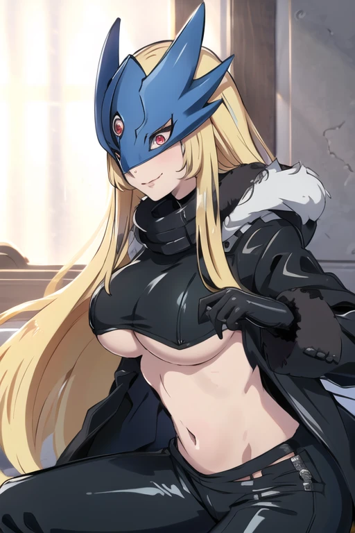((masterpiece,best quality)), absurdres, Beelstarmon_Digimon, 1girl, smile, solo, blonde hair, large breasts, red eyes, sidelocks, third eye, mask, (fur coat:1.5), cowboy shot, black underboob shirt, trench black coat, leather pants, sexy pose, black gloves