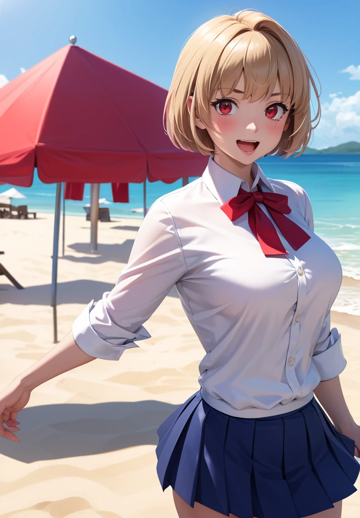 masterpiece,best quality,Arcueid,red eyes,short hair,1 girl,solo,skirt,breasts,looking at viewer,open mouth,white blouse,blue skirt,blouse,outdoor blouse,short blouse,big breasts,pleated skirt ,miniskirt,:d,day,beach,sand,sun,blush,