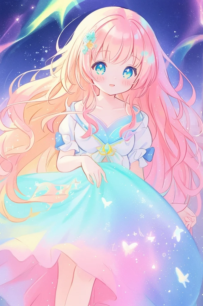 beautiful anime girl in colorful multi-layered ballgown, vibrant pastel colors, (colorful), magical lights, sparkling liquid light, colorful wavy hair, inspired by Glen Keane, inspired by Lois van Baarle, disney art style, by Lois van Baarle, glowing aura around her, by Glen Keane, jen bartel, glowing lights! digital painting, flowing glowing hair, glowing flowing hair, beautiful digital illustration, fantasia background, whimsical, magical, fantasy, beautiful face, ((masterpiece, best quality)), intricate details, highly detailed, sharp focus, 8k resolution, sparkling detailed eyes, liquid watercolor