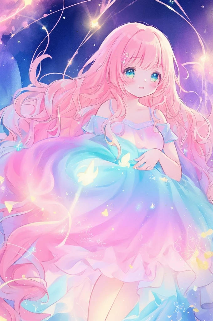 beautiful anime girl in colorful multi-layered ballgown, vibrant pastel colors, (colorful), magical lights, sparkling liquid light, colorful wavy hair, inspired by Glen Keane, inspired by Lois van Baarle, disney art style, by Lois van Baarle, glowing aura around her, by Glen Keane, jen bartel, glowing lights! digital painting, flowing glowing hair, glowing flowing hair, beautiful digital illustration, fantasia background, whimsical, magical, fantasy, beautiful face, ((masterpiece, best quality)), intricate details, highly detailed, sharp focus, 8k resolution, sparkling detailed eyes, liquid watercolor