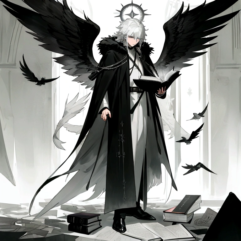 high quality,masterpiece,accurate lighting,ultra sharp,majestic,1man,Seraphim white and black wings,black messy hair,cold black eye,black long coat with grey fur hood,standing,mythical,male,big wings,man,six wings,trench coat,book,six winged,tall