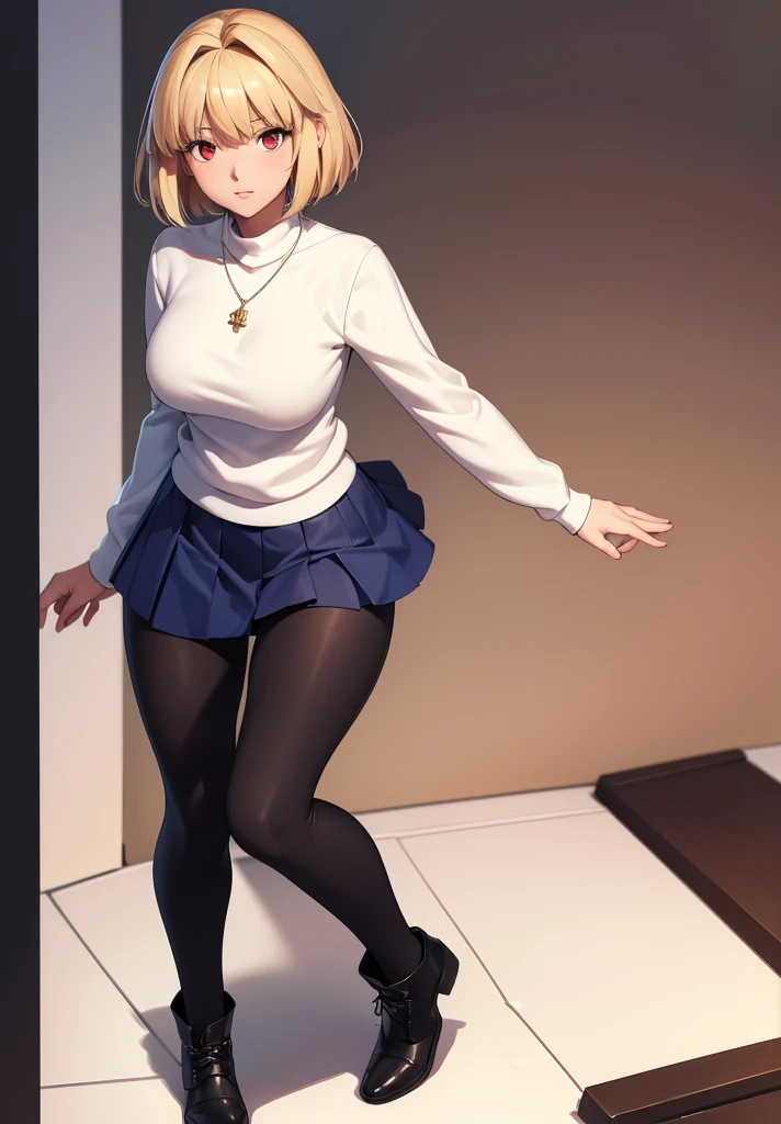 (masterpiece, best quality, 8k, highly detailed, highres, ultra-detailed, perfect eyes), 1girl, solo, arcueid, blonde hair, short hair, red eyes, sweater, white sweater, necklace, pleated skirt, blue skirt, leggings, (black leggings:1.2), boots, brown boots, dakimakura (medium)