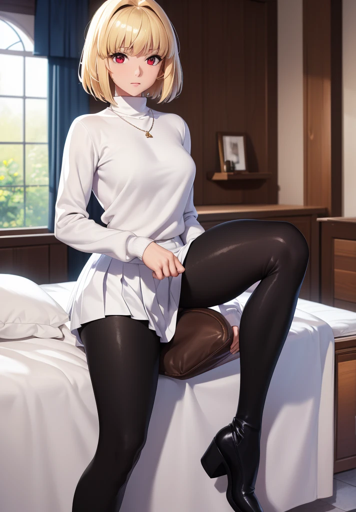 (masterpiece, best quality, 8k, highly detailed, highres, ultra-detailed, perfect eyes), 1girl, solo, arcueid, blonde hair, short hair, red eyes, sweater, white sweater, necklace, pleated skirt, blue skirt, leggings, (black leggings:1.2), boots, brown boots, dakimakura (medium)