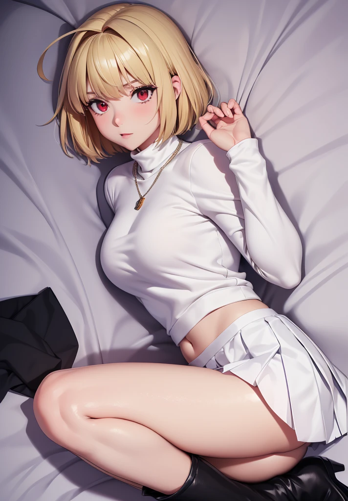 (masterpiece, best quality, 8k, highly detailed, highres, ultra-detailed, perfect eyes), 1girl, solo, arcueid, blonde hair, short hair, red eyes, sweater, white sweater, necklace, pleated skirt, blue skirt, leggings, (black leggings:1.2), boots, brown boots, dakimakura (medium)