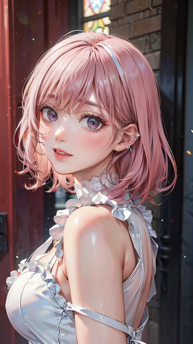 (Masterpiece, BestQuality:1.3), (ultra detailed:1.2), (hyperrealistic:1.3), (RAW photo:1.2), High detail RAW color photo, professional photograph, (Photorealistic:1.4), (realistic:1.4), (Pink Hair:1.5), professional lighting, perfect ???????, (Big Breasts:1.2), (blush, detailed face), (A happy smile:1.7), sexly, ?????? sexly, Random sexy gravure poses, (A girl in a white dress and pearl earrings、Smiling in front of the church。:1.3)