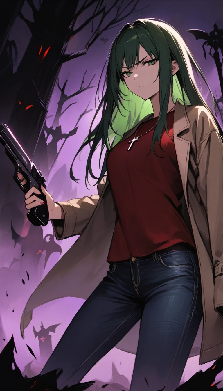 (masterpiece)、(absurdres)、(ultra detailed)、long shot,(shiny dark green hair)、(solo girl)、(dark green eyes)、 breast:0.8,(straight long hair)、BREAK,(casual beige jacket)、(red Tshirt)、(denim JEANS)、Cross Necklace:0.9、BREAK,Holding a handgun in your hand:1.2,Defensive Pose、angry,serious,half-closed eyes,dynamic angle,closed mouth,cowboy shot,side view:1.2,A dark graveyard at night filled with monsters and demons:1.1、darkness,no lighting,purple fog:1.05、
