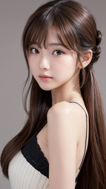 masterpiece:1.3), (8K, Realistic, RAW Photos, Best image quality: 1.4), Japanese Girls、(Random Hairstyles:1.2)、Baby Face、Highly detailed face、Attention to detail、double eyelid、Beautiful woman:1.4、Light brown hair、Highest quality、masterpiece、Ultra-high resolution、(Realistic:1.4)、Professional lighting and attention to detail will make you smile、Loose、thin、Super long hair、Deadly position、whole body、one piece、A little dull