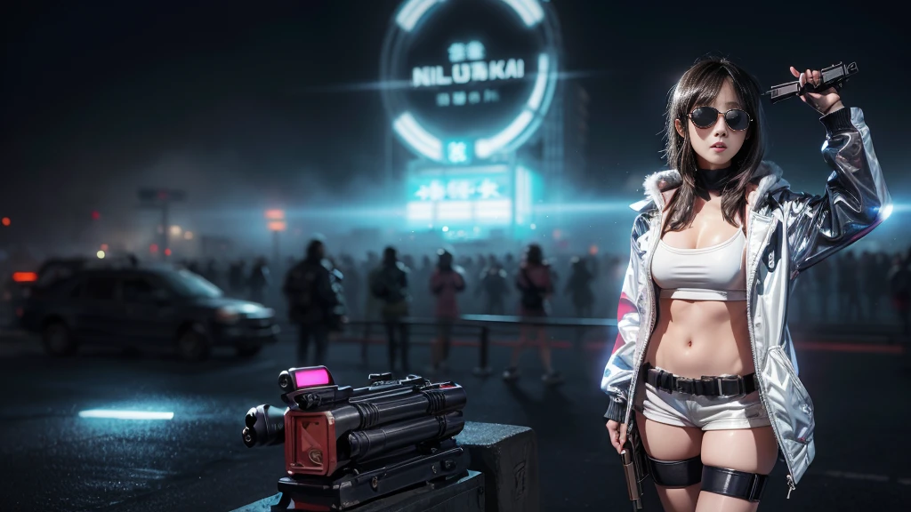 8k, Realistic Skin Texture, Realistic Photo, Neo Tokyo, slim Japanese women, large-breast:1.3 cleavage:1.2, AD2050 at night, Dirty hunting jacket, Wearing tube top, miniskirt, (((black sunglasses, automatic rifle, sneakers, cold, shooting pose, low angle view))), Innovative composition, revenge, cyberpunk, blade runner worldview, Large neon sign, Geisha hologram sign, Strong Wakamoto Sign.