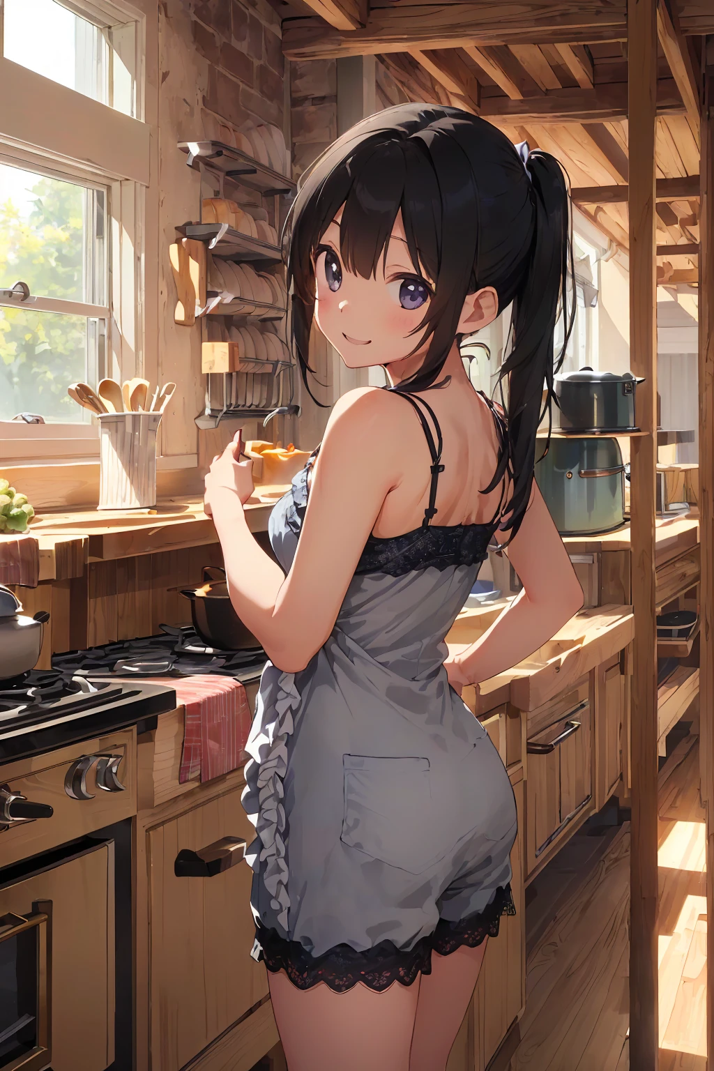 ((masterpiece))、((Highest quality)、(Very detailed)、8K、Delicate anime-style depiction.2 women。Prepare breakfast with your family,,(Very long hair、pink、iris、）(Twin tails and ponytails)Her dark eyes are highlighted。Overall it became brighter、Two smiling people。((The costume is grey,Frills,Lace camisole and shorts.))、,((Summer kitchen))、((wonderful.))、((whole body))、Two people cooking side by side、((Rear View))