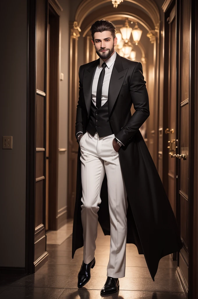 full body art caucasian man 25 years old dark blond hair curly short beard white t-shirt black overcoat black pants discreet silver jewelry mustache beautiful mouth brown eyes arched eyebrows discreet smile wears black gloves night light in the background night scene