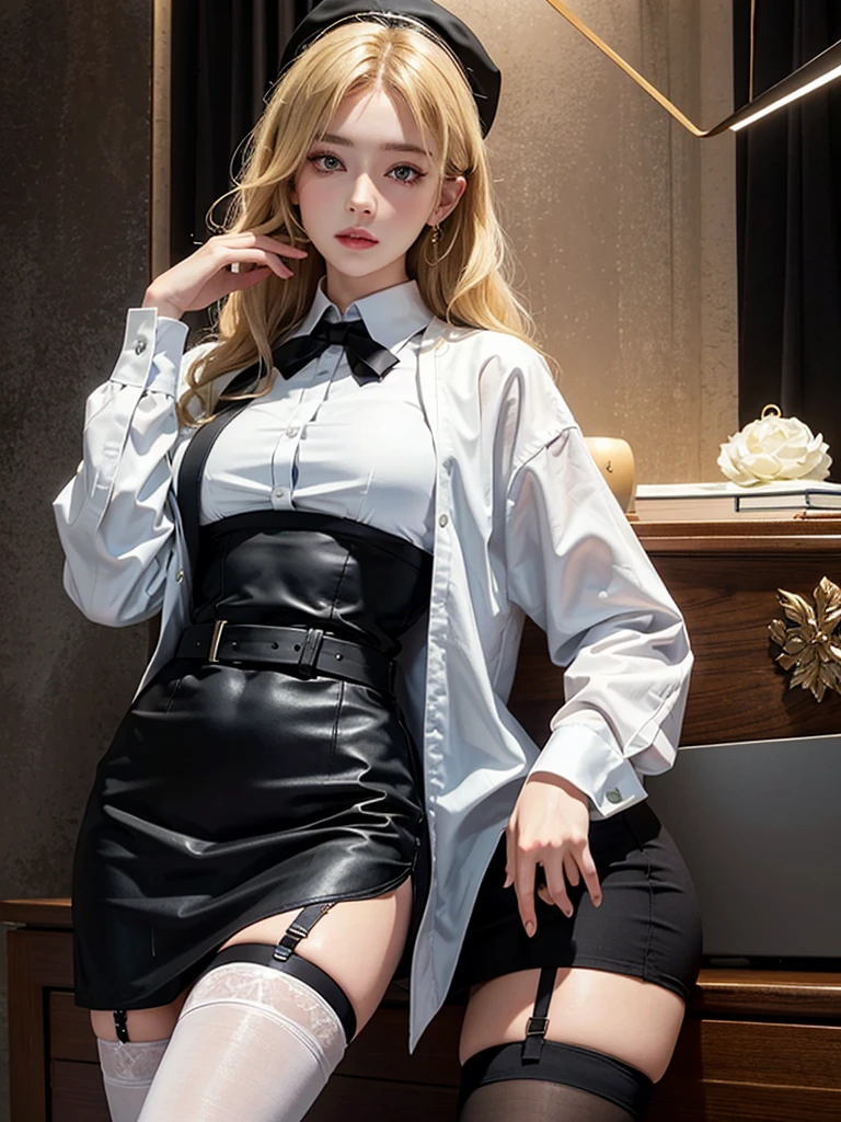 realistic, High resolution, soft light,1 female, alone, hip up, glowing skin, (detailed face),tattoo, jewelry, Secretarial Uniform, white shirt, black skirt, black stockings, garter belt, night, blonde hair, wavy hair, Beautiful Soldier, Eyes that invite the viewer, lover's perspective, an inviting look, sexy smile, perfect style, perfect balance, fine skin, naughty look, I can see your chest