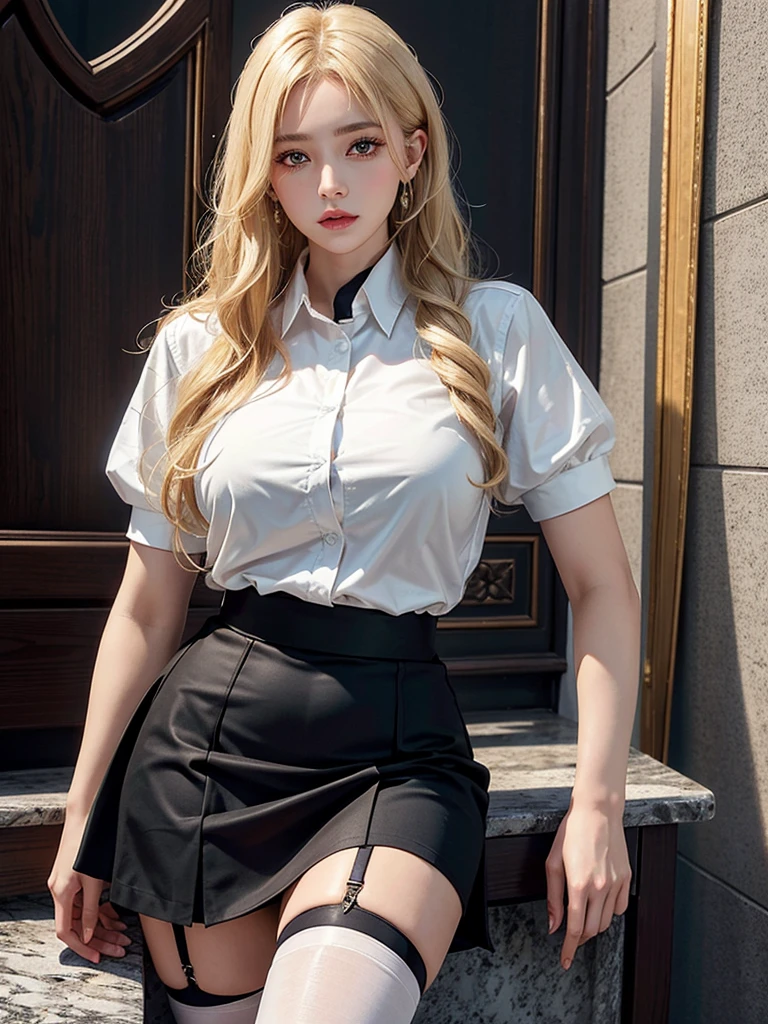 realistic, High resolution, soft light,1 female, alone, hip up, glowing skin, (detailed face),tattoo, jewelry, Secretarial Uniform, white shirt, black skirt, black stockings, garter belt, night, blonde hair, wavy hair, Beautiful Soldier, Eyes that invite the viewer, lover's perspective, an inviting look, sexy smile, perfect style, perfect balance, fine skin, naughty look, I can see your chest