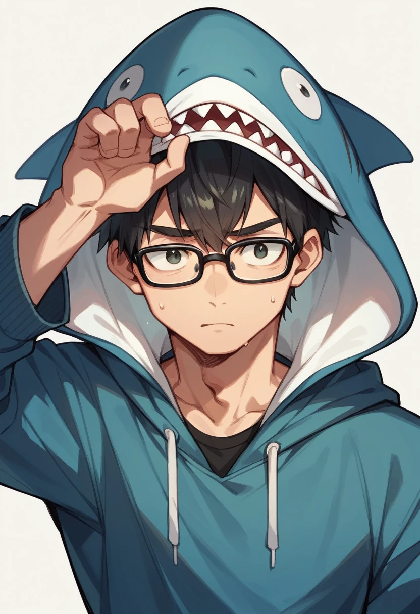 A man with glasses, short hair, wearing a shark hoodie, a hood covering his head.