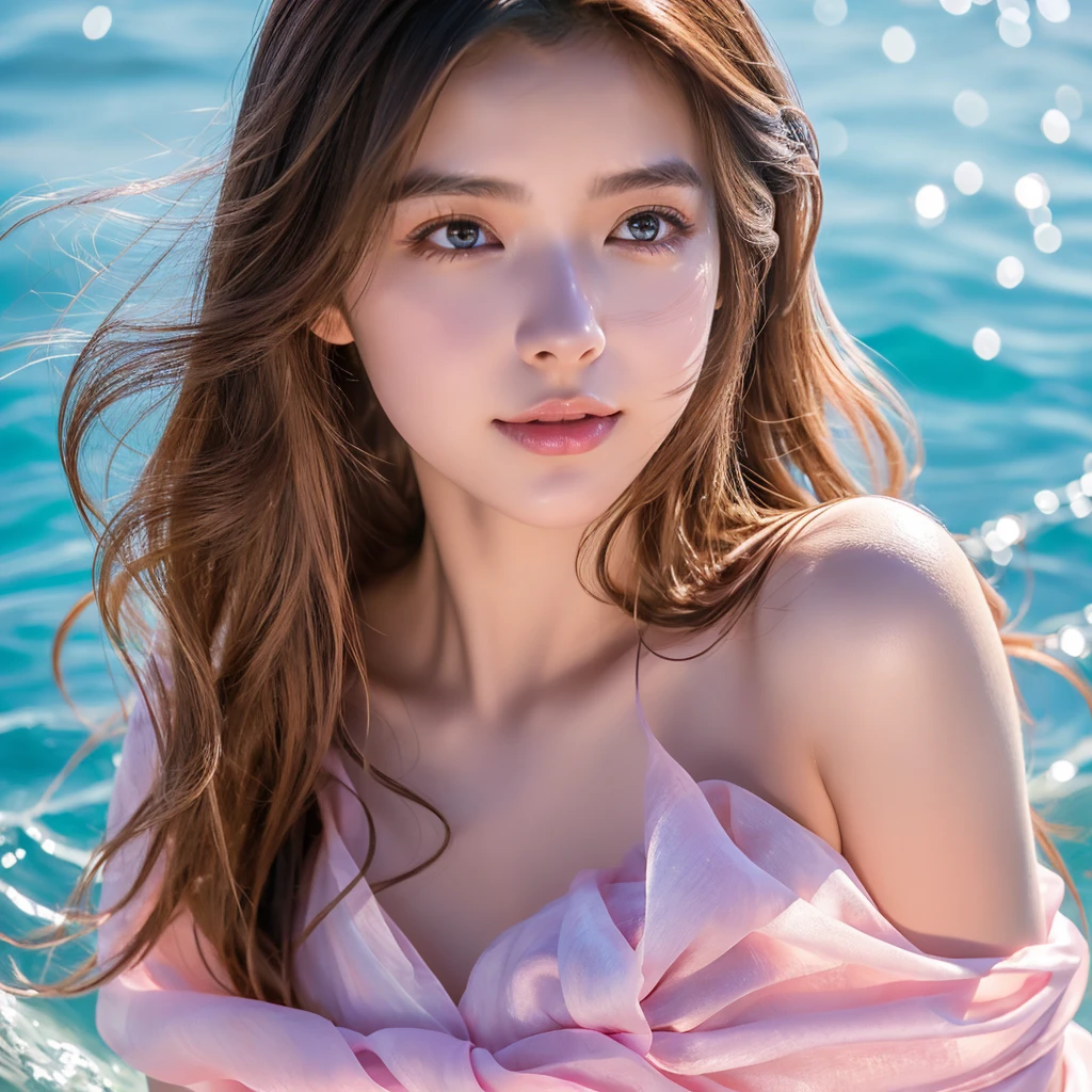 (highest quality, 32k, High resolution, masterpiece:1.5,), Haunting fantasy portrait in abstract style, ((In a swirl of fantastic pastel colors and soft light)), Evoking a sense of soothing tranquility and elusive beauty, Award-winning masterpiece with amazing details, cute japanese woman, 20 years old, perfect human anatomy, big magical eyes, gentle smile, ((Shiny detailed brown hair)), Long straight hair tousled by the wind, Beautiful asymmetrical bangs, hair between eyes, smooth and soft skin, thin eyebrows, clear double eyelids, Attractive pink lips, ((naked, Wrap your body in a transparent silk cloth)), High resolution perfect collarbone, High resolution beautiful bust, Slender body with plump breasts, ((Colorful sparkling light effects:1.3)), summer blue sea, The blue, sparkling water surface reflecting light, bright sunshine, professional lighting, professional photographer, Professional models,mysterious