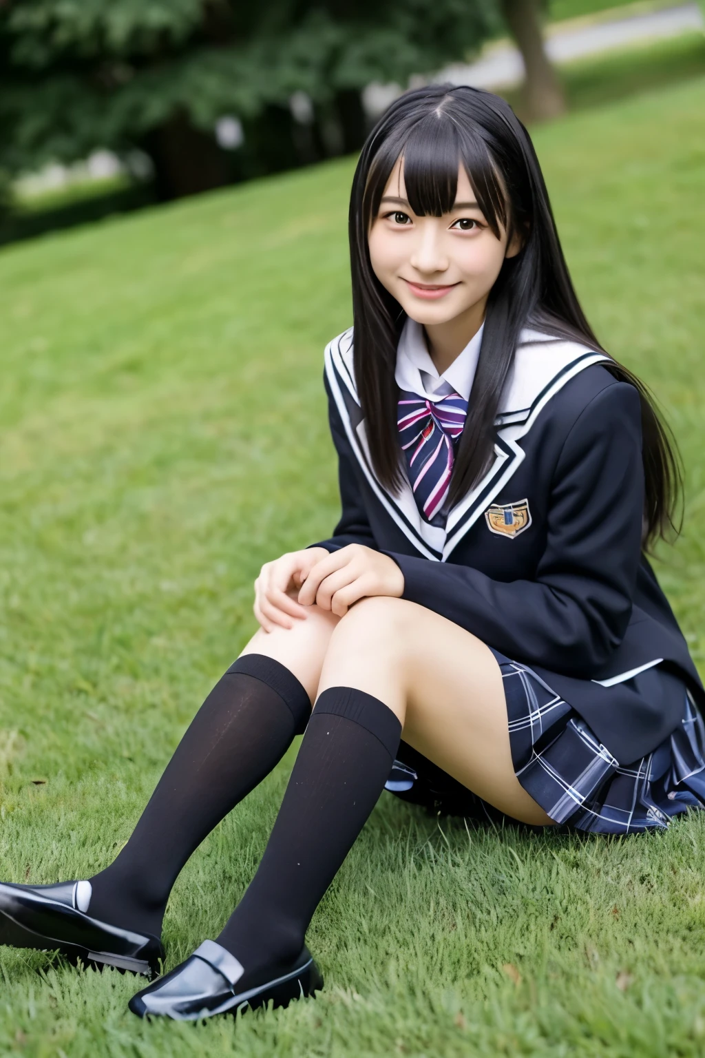 high school girl、Japanese、Long Black Hair、uniform、skirt、Knee-high socks、loafers、grass、sit、Thighs