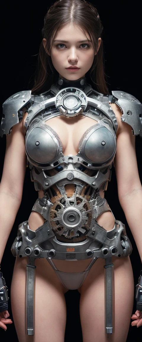 ((masterpiece, Highest quality, Best image quality, High resolution, Realistic, RAW Photos, 8K)), cyborg, Her body is covered in gears and metal frameworks.. White Background, An empty laboratory, 