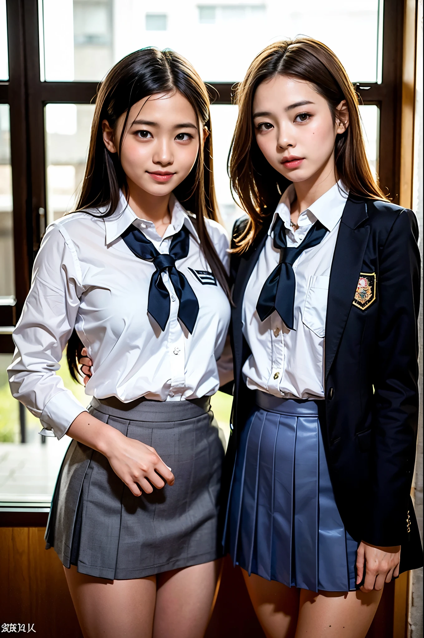 8K, RAW Portrait (Japanese women),masterpiece、Photorealistic:1.3、Realistic, Ultra-high resolution, Highest quality, Real Life Photos ,( in the evening :1.1),
((((2 girls:1.5)))), (((Two girls showing off their panties In the room)))、(Cute face:1.3)、日本の2 girls,((Two Japanese high school girls))、((Two real high school girls))、((Japanese High School Uniform:1.6))、 blonde,Slender body,、In the room、
big, beautiful, beautiful目, Black Hair,(Written boundary depth:1.3)、 ((Dark brown eyes:1.2))、(Realistic skin texture:1.3)、(Immersive atmosphere:0.8、Chiaroscuro:1.2) 、(View Audience:1.3)、((smile:1.3))、((From belowの天井:1.2))、((She&#39;s wearing tiny silk panties))、((Panty shot))、((A woman rolling up her skirt))、((From below:1.2))、((Crotch close-up:1.42))、((Panty shot))、((Spread your legs out to the side:1.4))