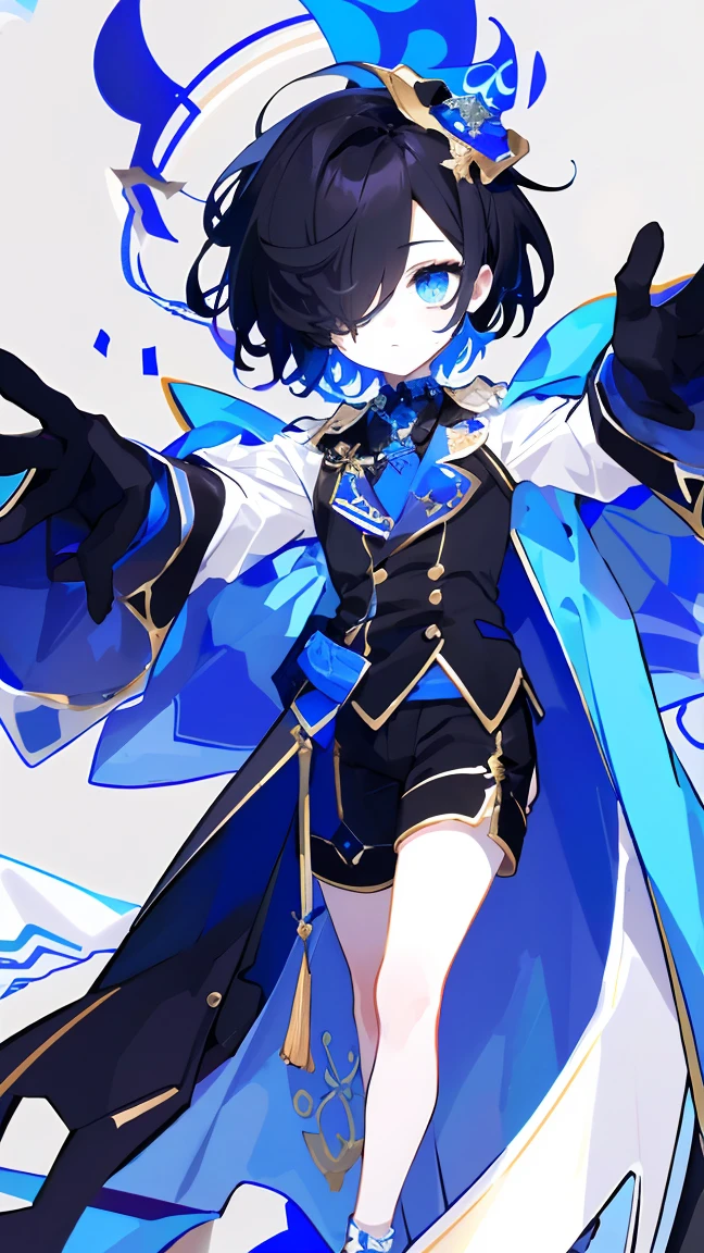 One Boy, full body, S-pose, shoot from front, arched back, standing, look at viewer, white, blue, black, masterpiece, high quality, best quality, detailed, hyper detailed, (Highest quality、masterpiece:1.2) (((1 boy))) (suit) short hair、Black Hair,,、blue eyes、elegant、Beautiful Eyes、Beautiful Hair、Smooth Skin、((Low length))((Hair above one eye, One eye is covered)) (Introverted facial expression)The upper body is visible(((Cute face)))