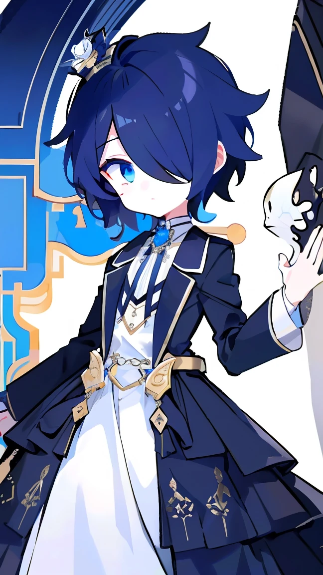 One Boy, full body, S-pose, shoot from front, arched back, standing, look at viewer, white, blue, black, masterpiece, high quality, best quality, detailed, hyper detailed, (Highest quality、masterpiece:1.2) (((1 boy))) (suit) short hair、Black Hair,,、blue eyes、elegant、Beautiful Eyes、Beautiful Hair、Smooth Skin、((Low length))((Hair above one eye, One eye is covered)) (Introverted facial expression)The upper body is visible(((Cute face)))