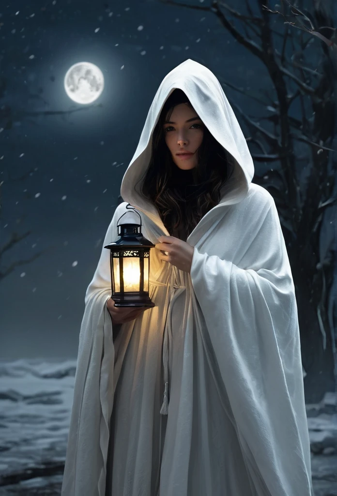 a picture of a person in a white robe holding a lantern, wearing cloak, wearing a flowing cloak,half of the body is invisible wearing cloak, cloaked, wearing cloak on blasted plain, technology cloak, cloak covering face, cloak flittering in the wind, cloaked dark winter night, very long white cloak, wearing cloak and hood, white cloak, cloaked woman