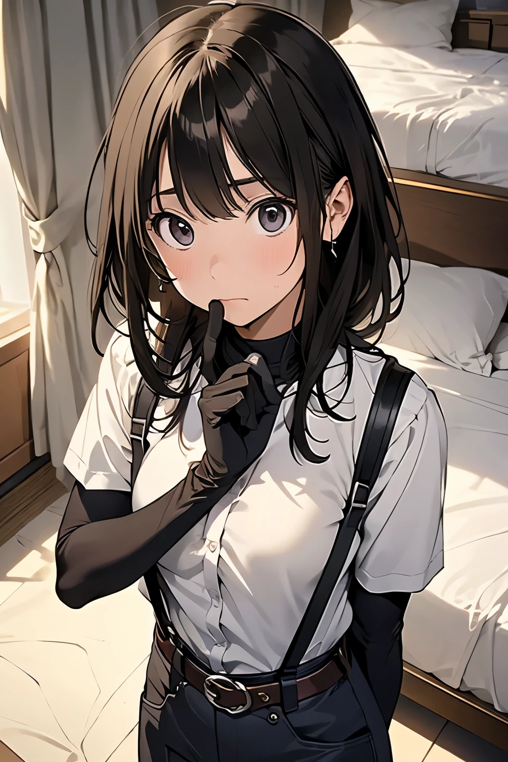 double eyelid),  , ((最high quality, 16K, masterpiece: 1.3)),  1 female, , high quality, masterpiece, Ultra-high resolution, , Cinema Lighting, , ,  And the suspenders with the cranes flying　　　Moderate breasts　 　 　　　　Small face　 　　　holster　　　　　　　 Lying in bed　Looking up　　　　Sweat 　　　belt　summer　脇Sweat 　Black Hole Gloves　suit　shirt　　Black jacket　 Black trousers　Leg Links　ズボンにbelt　　holster　 　　Hands behind your back　 Anxious expression　Looking up　Anxious face