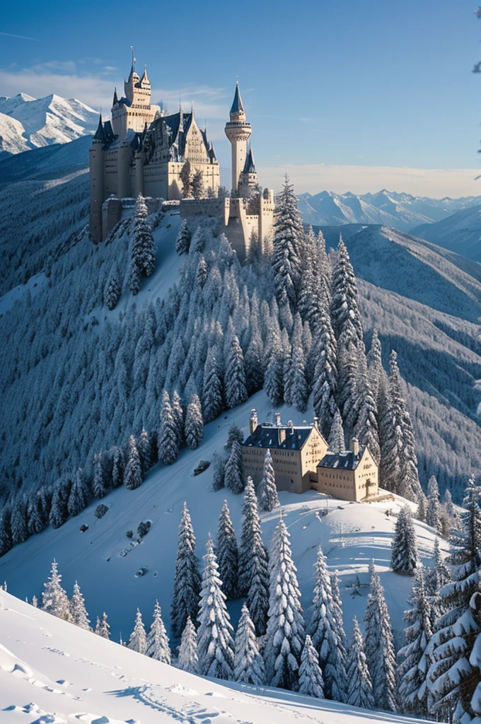 Large Castle in mountain in winter 