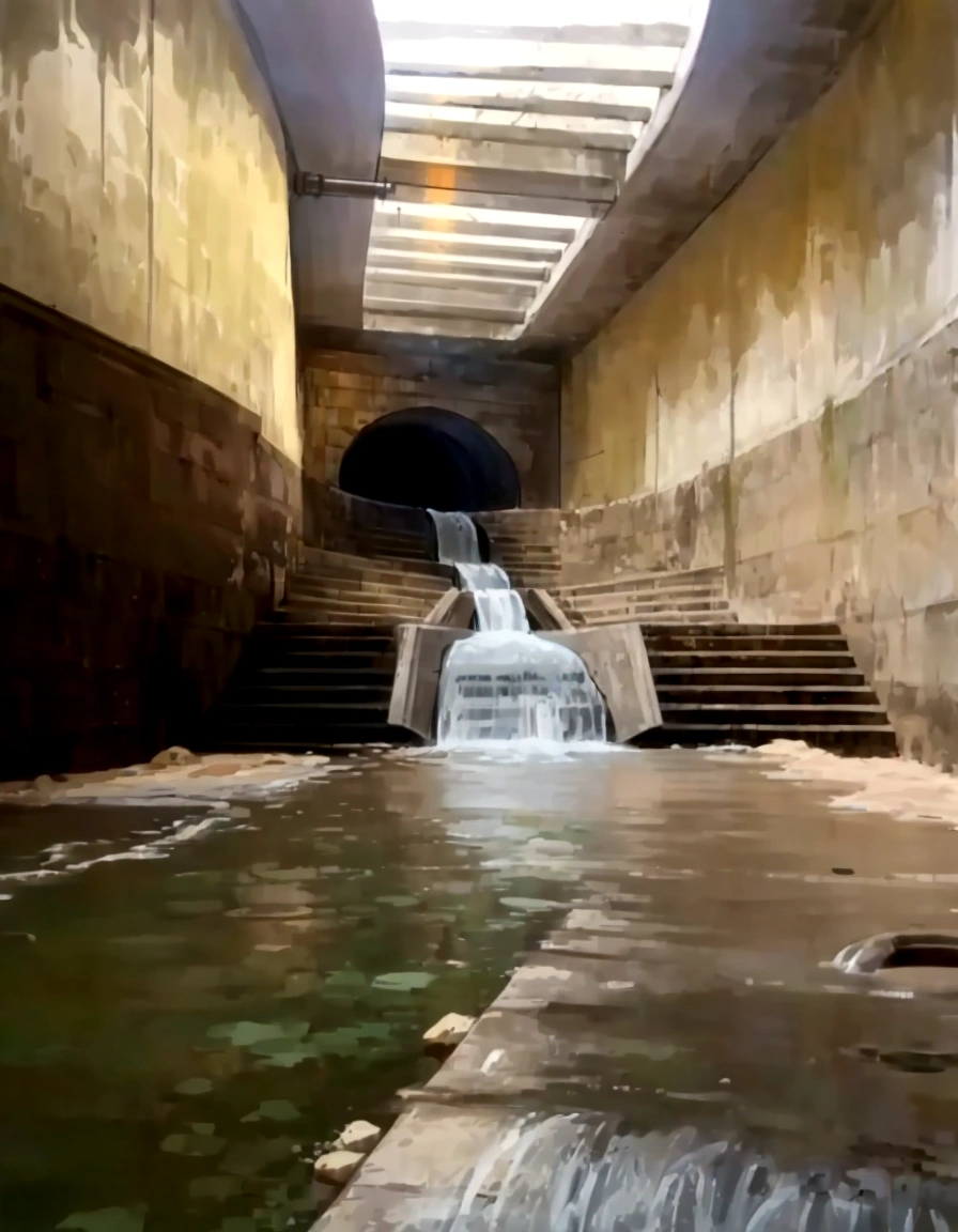 There is a small waterfall coming out of a tunnel into the water, water flowing through the Sewage, Sewage, Sewage pipe entrance, Sewages, Brutal waterfall environment, by Carl Rahl, The river is flowing on its way, Drain storm, Water flowing down the walls, Real life river, Inside a waterfall, The winding waterway, The river is below