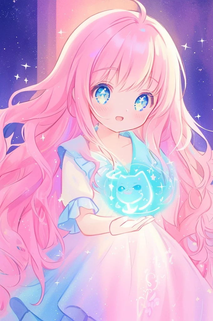 beautiful anime girl in colorful multi-layered ballgown, vibrant pastel colors, (colorful), magical lights, sparkling liquid light, colorful wavy hair, inspired by Glen Keane, inspired by Lois van Baarle, disney art style, by Lois van Baarle, glowing aura around her, by Glen Keane, jen bartel, glowing lights! digital painting, flowing glowing hair, glowing flowing hair, beautiful digital illustration, fantasia background, whimsical, magical, fantasy, beautiful face, ((masterpiece, best quality)), intricate details, highly detailed, sharp focus, 8k resolution, sparkling detailed eyes, liquid watercolor