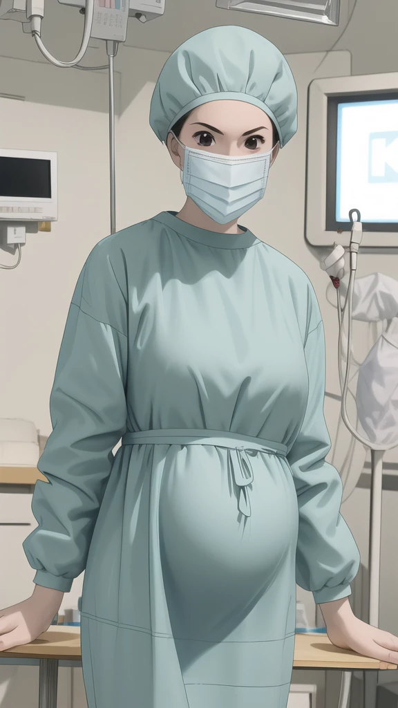 masterpiece, highest quality, the view is turned slightly to the side, (RAW photo, best quality), 1girl, frown, pale skin, shy eyes, big breasts, big tits, pregnant, stand, natural lighting, solo, hospital, in the operating room, 
ray kasugano, pregnant with big belly, (give a score of 9_give a score of 8_give a score of 7) long sleeve Surgical dress, bouffant cap, cover ears, surgical mask, long surgical gloves, 