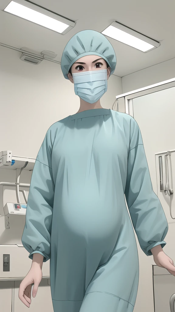 masterpiece, highest quality, the view is turned slightly to the side, (RAW photo, best quality), 1girl, frown, pale skin, shy eyes, big breasts, big tits, pregnant, stand, natural lighting, solo, hospital, in the operating room, 
ray kasugano, pregnant with big belly, (give a score of 9_give a score of 8_give a score of 7) long sleeve Surgical dress, bouffant cap, cover ears, surgical mask, long surgical gloves, 