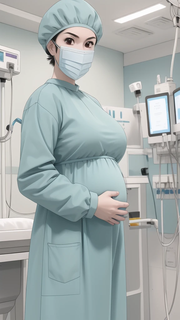 masterpiece, highest quality, the view is turned slightly to the side, (RAW photo, best quality), 1girl, frown, pale skin, shy eyes, big breasts, big tits, pregnant, stand, natural lighting, solo, hospital, in the operating room, 
ray kasugano, pregnant with big belly, (give a score of 9_give a score of 8_give a score of 7) long sleeve Surgical dress, bouffant cap, cover ears, surgical mask, long surgical gloves, 