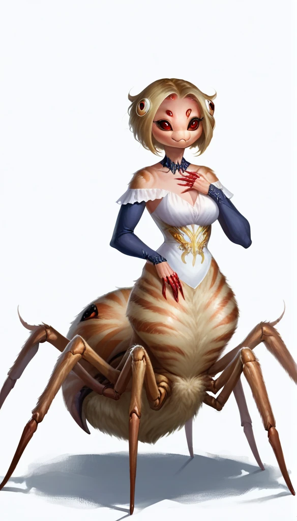 score_9_up, (clear simple background, white background, papyrus background), different views, 1girl, ((adult)),
 (spider girl, _mature, anthro, (arachne), spider body, taur), solo, (female), (fullbody, curvey bode, cute face, focus), beautiful, (dressed)