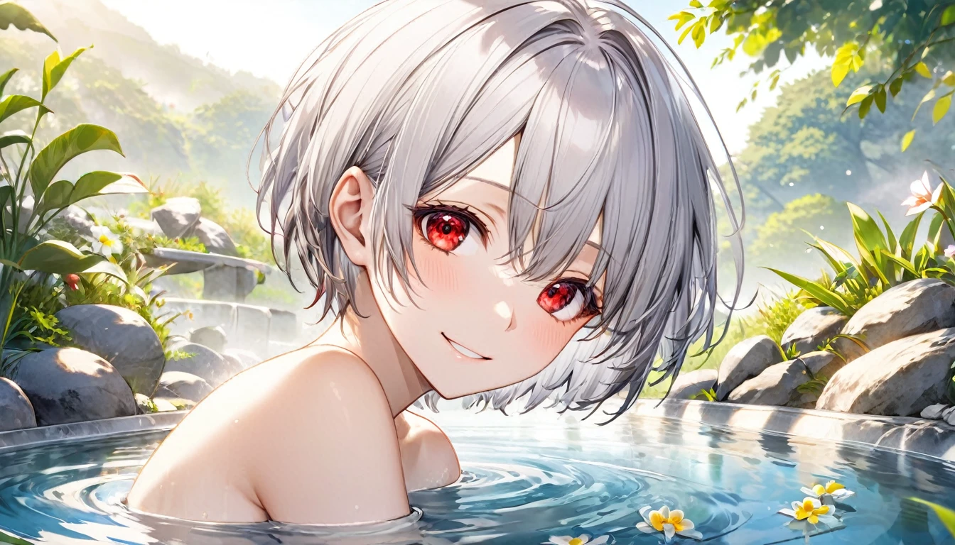 (relax bathing style) (a , crew cut silver hair very short hair divine fighter boy, cool red eyes, relax smile), (in the very large:1.5 natural hot spring, background nature), BREAK, perfect anatomy, masterpiece, best quality, 16k, beautiful detailed grow, daydreaming expression.
