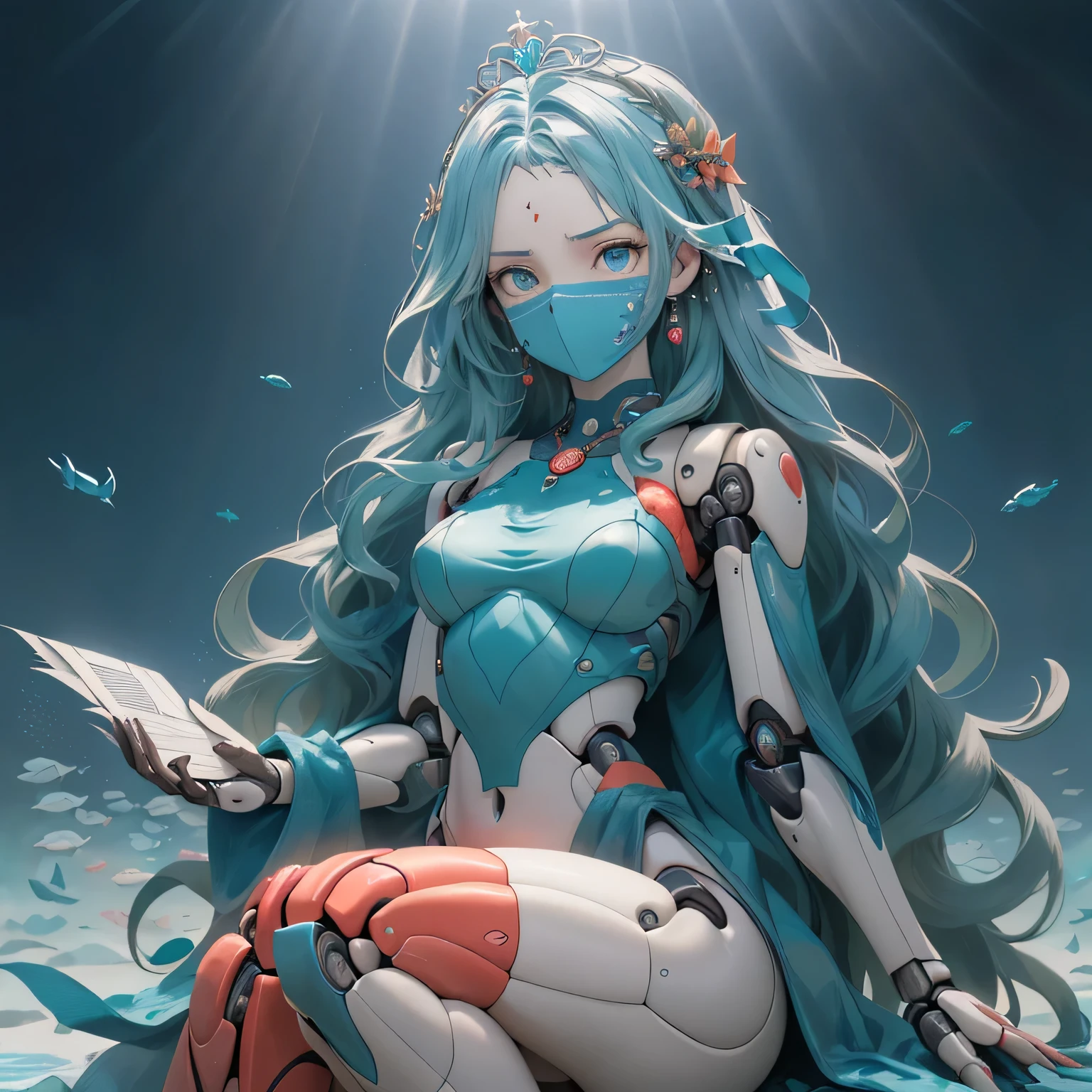 ((((Obra maestra, La mejor calidad, ultrahigh resolution)))), 1girl, brooding, sitting, (((doll knees, doll elbows, ((doll joints:1.2, action figure limbs:1.2, segmented body))), [seashell torso], (segmented waist), (hips with embedded pearls), (long, wavy, aqua-blue hair falling over covered face), bright blue eyes with patterns reminiscent of water reflected, transparent skin with blue undersides, ((ultra detailed facial features:1.0, linework:0.9, light source: vivid corals and sunlight))), azure robes with intricate coral and seaweed designs, overhead shot, facing away from viewer, enormoustailfin peeking out, (enchanting, mystical underwater surroundings dotted with flowers, kelp, and colored fish), medium breasts with intricate oceanic designs, deep in thought, ((pensive look, sensitive eyes)), ((perfect hands with Fern-like growths)), (((head:1, full torso, lower body in view, elbows, thighs, in view))), ((ring of pearls and corals on neck)), ((emotionally charged expression), ancient-looking metal crown balanced on head, (paper fan accessory in left hand to fan away potential currents)), exaggerated bursts of bioluminescent light illuminating surrounding environment as she recalls past memories, cool, captivating grass-green color scheme, high contrast details, deliberate emotions