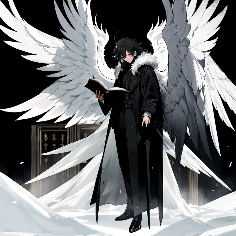 high quality,masterpiece,accurate lighting,ultra sharp,majestic,1man,Seraphim white and black wings,black messy hair,cold black eye,black long coat with grey fur hood,standing,mythical,male,big wings,man,six wings,trench coat,book,six winged,tall