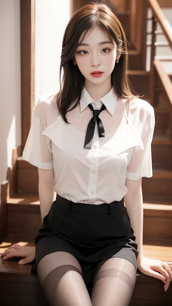 Korean 、summer  shirt、Tight shirt、Ribbon Ties、skirt by the、schools、stairs at school、chest lifting pose、Emphasis on the chest、Slender and large、8K raw photos、A high resolution、18-year-old Korean、embarrassing looking、very large round breasts、Beautiful eyes finely detailed、long eyelasher、beautiful double eyelid、eye shadows、eyeline、slender eyes、Elongated eye shape、Sanpaku eyes、beautiful and thin legs、Beautiful slender thighs、Random Shorthair、Tie your hair behind your head、耳Nipple Ring、Light brown hair、(Wear pantyhose)、Hold your knees，short hair,  fishnet stocking 