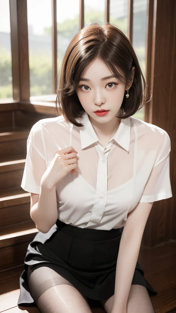 Korean 、summer  shirt、Tight shirt、Ribbon Ties、skirt by the、schools、stairs at school、chest lifting pose、Emphasis on the chest、Slender and large、8K raw photos、A high resolution、18-year-old Korean、embarrassing looking、very large round breasts、Beautiful eyes finely detailed、long eyelasher、beautiful double eyelid、eye shadows、eyeline、slender eyes、Elongated eye shape、Sanpaku eyes、beautiful and thin legs、Beautiful slender thighs、Random Shorthair、Tie your hair behind your head、耳Nipple Ring、Light brown hair、(Wear pantyhose)、Hold your knees，short hair,  fishnet stocking 